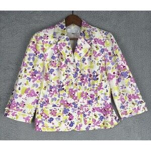 TAHARI ASL 100% Silk Blazer Sz 8P Floral Lightweight Pockets 3/4 Sleeve Lined